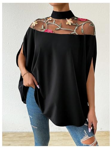 SweatyRocks Women's Floral Mesh Mock Neck Dolman Short Sleeve Ruffle Blouses Tops3