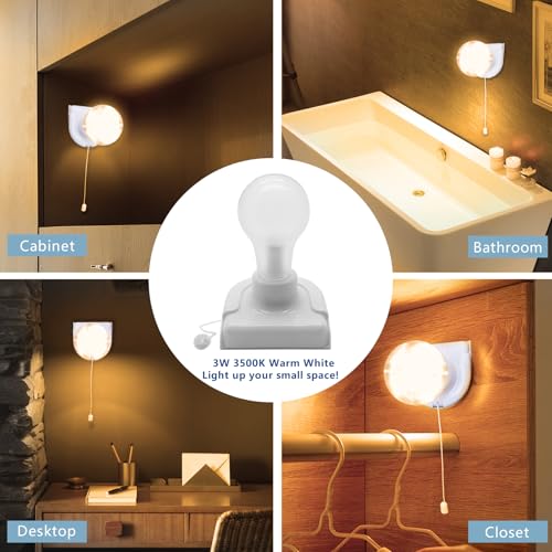 Image of 2 Pack Battery Operated Light Bulb, Stick-Up Battery Powered Wireless LED Closet Light Bulb, Self Adhesive Wall Light Fixture with Pull Chain for Cabinet Bedroom Kitchen, 3000K Warm White