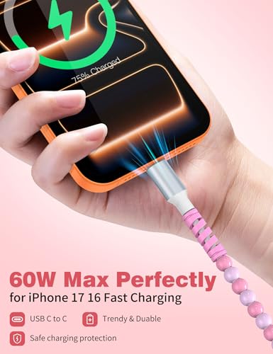 Image of USB C to USB C Cable 3FT,60W Fast Charging Beaded Charger Cord for iPhone 17 16 15 Pro Max /iPad Air 11th 10 for Samsung S26 S25 Ultra S24 S23 A16 /Android Phone Charger Cord Cute Girls Women,Light-Pink