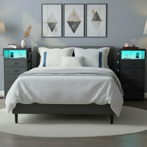 Image of EnHomee Nightstands Set of 2 with 5 Drawers, Black Dresser with Charging Station and LED Light, Tall Nightstand with Extra Side Bag & Hooks, Bedroom, Closet, Hallway, Entryway, Black