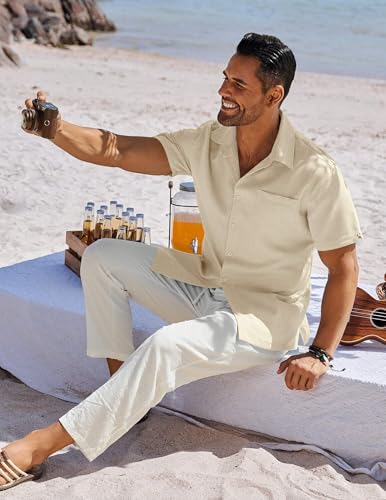 Image of COOFANDY Men's Button Down Shirts Short Sleeve Casual Shirts Summer Beach Linen Shirts with Pocket