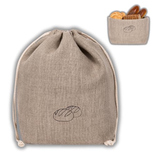 slowroom Sac à Pain en Lin 30 x 34 cm et corbeille 2 en 1 - Corbeille à pain en tissu - Conservation Optimale et Panier Décoratif - Sac à petits pains...
