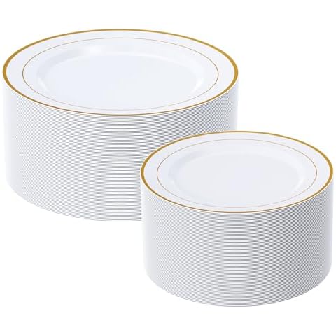 FOCUSLINE Gold Plastic Plates Set of 60, Disposable Plates with Gold Rim 30 Dinner Plates 10" and 30 Salad Dessert Appetizer Plates 7", Elegant Fancy Heavy Duty Wedding Party Plates Cover