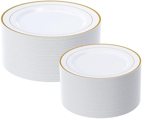 FOCUSLINE Gold Plastic Plates Set of 60. Disposable Plates with Gold Rim 30 Dinner Plates 10 and...