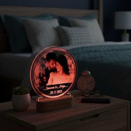 Image of Personalized Digital UV Printed 3D Illusion Photo LED Table Lamp for Couple Gift for Anniversary, Wedding, Marriage, Valentine Day- Your Wooden Base Text Egraved, Multicolor Light- 22CM