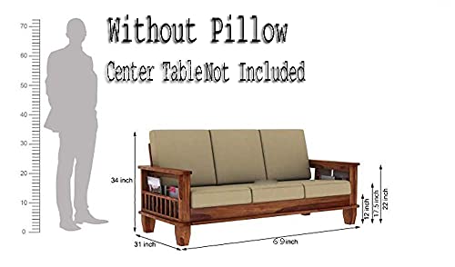 Image of Solid Sheesham Teak Wood Wooden 5 Seater Sofa Set Without Pillow | Cream Cushions | Honey Finish