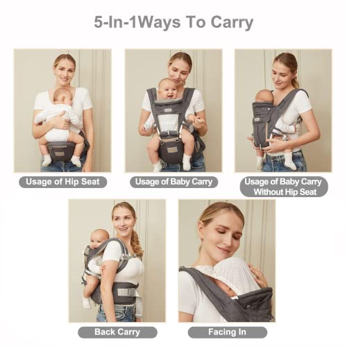 Babytrage, 6-in-1 Babytrage für Neugeborene ab Geburt, Babys & Kleinkinder(3-22kg), Hüftsitz Baby, Ergonomische Baby Trage mit 6 Tragepositionen für Säuglinge und Kleinkinder(Dunkelgrau) – Bild 7