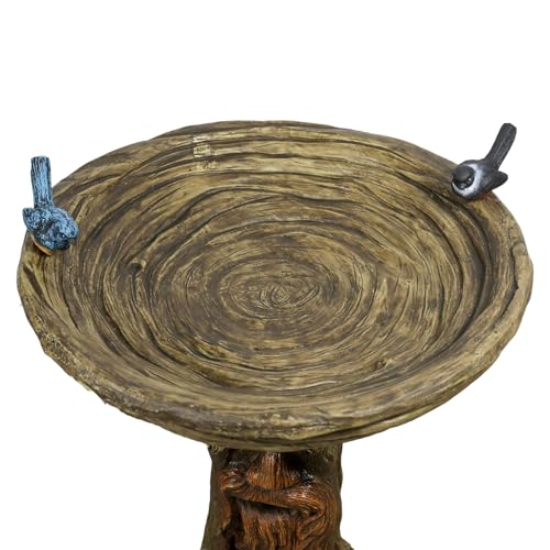 Image of SunJet 24 inch High x 19 inch Diameter Outdoor Bird Bath with Tree Face Pedestal - Fibre Reinforced Concrete Birdbaths with Decorative Birds for Garden, Patio, Yard, Lawn Decor
