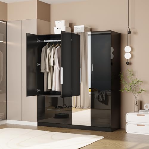Vingli WA0WMBR 72.8 Inch H Wardrobe Closet With Mirror, High Gloss 4 Door Armoire With 2 Drawers, Wardrobe Cabinet With Hanging Rod & Shelves, Modern Black Freestanding Armoire Wardrobe Closet For Bedroom, Wood cover
