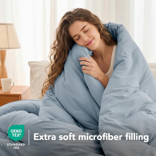 Image of Quataly California King Comforter Set Prewashed Lightweight Quilted Bedding | 3PCS Mist Blue Breathable Down Alternative Bedding Set with 1 Solid Comforter (104 inchx96 inch) and 2 Soft Pillowcases