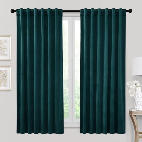 RYB HOME Velvet Curtains 63 inches Length, Back Tab & Rod Pocket Soft Fabric Curtains & Drapes for Bedroom Bathroom Cafe, Peacock Blue, W 42 x L 63, 2 Panels Set