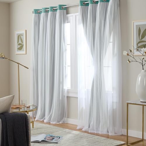 Image of TOWN & COUNTRY LUXE Talia Double Layer Indoor Curtains, Sheer and Room Darkening Blackout, Grommet Top, Energy Efficient, 2-Pack Set, 52 inchx96 inch, Turquoise