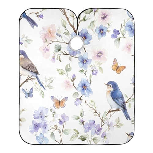 BOESI Watercolor Bird and Flower Pattern Barber Shawl, Waterproof Haircut Shawl, Haircut Salon Apron, Shaving Bib, 55 x 65 inches