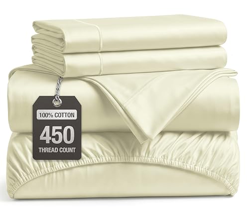Image of LANE LINEN Cal King Bed Sheets - 450 Thread Count Sateen Weave - Extra Thick & Comfy Cotton Sheets for Hotel Quality Softness - Securely Fits Mattress Upto 15'' Deep - Oeko Tex Certified - Ivory