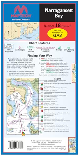 MAPTECH Waterproof Nautical Chart WPC018-06, Narragansett Bay Rhode Island, Multicolor, 24 x 36 Inch, 6th Edition, With GPS Waypoints and Fishing Sites