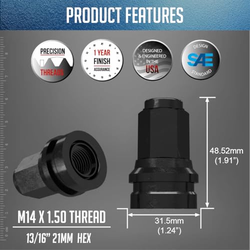 Image of Wheel Accessories Parts 32 Pcs M14x1.5 14x1.5 Thread OEM Style Lug Nuts 1.91 inch Long Black 13 /16 inch 21mm Hex Fits Ford F-250 F-350 F-450 F-550 Super Duty HCPZ-1012-B | 611-930