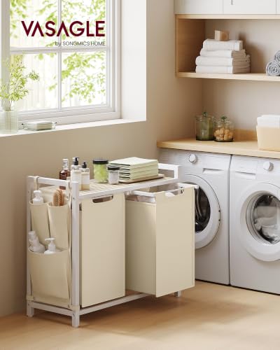 Image of VASAGLE Laundry Hamper, Laundry Basket Sorter with 2 Pull-Out and Removable Bags, Shelf, Metal Frame, 2 x 12.1 Gallons (46 L), 28.8 x 13 x 28.4 Inches, Cappuccino Beige and Natural Beige UBLH201LH01