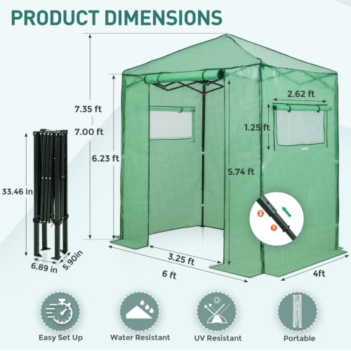 Image of EAGLE PEAK 6x4 Easy Setup Small Pop Up Greenhouse, Clear /Green