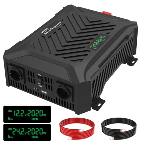 GZUNKNG Dual Voltage Wechselrichter 12V/24V auf 230V Reiner Sinus Universal Dualer Spannungswandler 2000W/2000W Automatische intelligente Erkennung von 12V/24V Spitzenleistung 4000W/4000W.