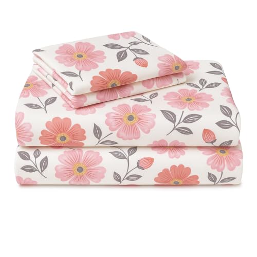 Image of SANMARINO 210TC Cotton King Size Bedsheet with 2 Pillow Covers | Premium Floral Print Design Flatsheet |Ultra Soft Breathable Skin Friendly Bedding Set for All Season Use 90 x 100 Inch,Blush Pink