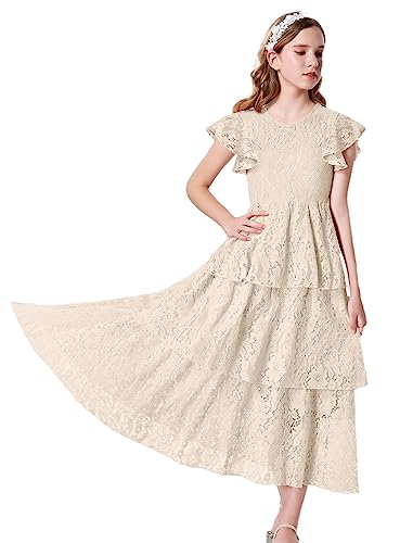 Mebius Girls Lace Maxi Long Dress Ruffle Sleeve Crewneck Tiered A-Line Swing Wedding Party Dresses2