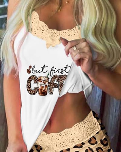 Womens Heart Print 2 Piece Outfit Lace Trim Bow Cami Top and Mini Shorts Adjustable Strap Cute Sexy Loungewear for Daily2