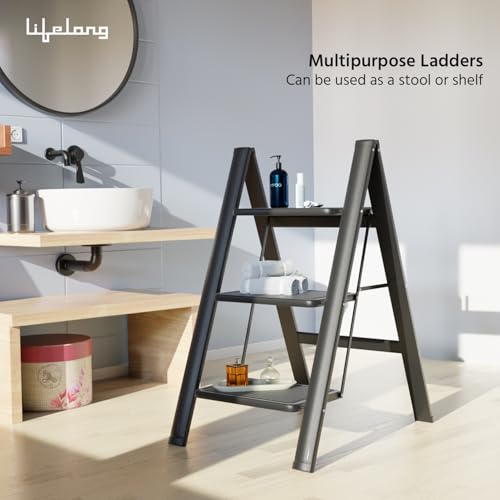 Image of Lifelong 3 Steps Steel Ladder for Home, Foldable & Portable Stairs, Versatile Use for Kitchen, Bathroom & Office Foot Stool - Multipurpose Three Step Stool with 150 Kg Capacity (LLSLS03, Black)