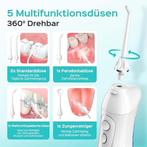 COSLUS Munddusche Kabellos Trragba Elektrische: 300ML WassertankTestsieger 2026 IPX7 Wasserdicht für Oral Health Enthusiasten Tägliche Tiefenreinigung Reinigung auf Reisen 5 Multifunktionale Jet-Tipps