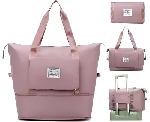 Image of Expandable 41L Travel Duffle Bag for Women - Wheeled Foldable Luggage with Handle, Large Rolling Handbag for Personal Items, Weekend Trips, Gym & Cabin Carry-On Travel Companion ((Pink)-01.)