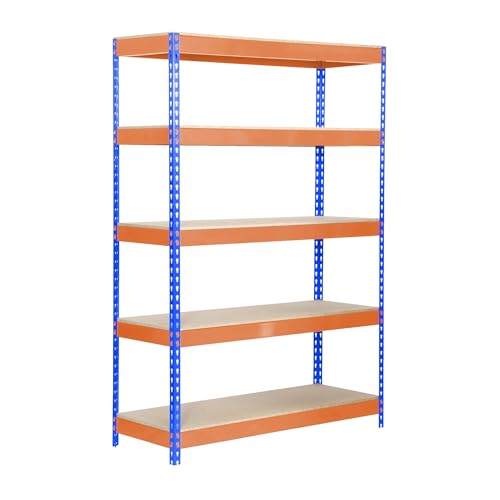 Simon Rack Estanteria Industrial, 2000x1200x600 mm, 300 kg de Punto Flexión, 5 Estantes Madera, Estanterias Almacenaje, Estanterias Metalicas, Azul/Naranja/Madera - SimonTaller