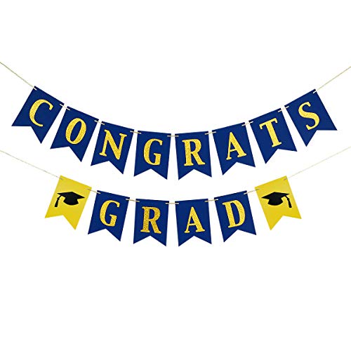 Image of Congrats Grad Banner Blue and Gold Glitter Congratulations Graduation Banner, Congrats Grad Sign Decorations for Congratulations College 2026 Graduation Party Decorations Blue and Gold