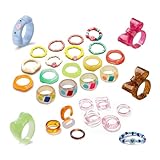 32pcs Resin Rings, Plastic Rings Acrylic Rings Knuckle Rings for Women Teen Girls,Trendy Colorful Chunky Aesthetic Bulk Rings,Cute Statement Dome Thick Rings y2k Rings for Women Girls (A-Bow ring)