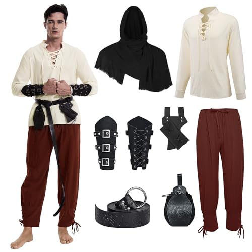 MVFEUIJ Conjunto de disfraz renacentista medieval para hombre, disfraz de vikingo, camisa con cordones, pantalones con accesorios, disfraz de Halloween para cosplay, mago, mascarada (pantalones