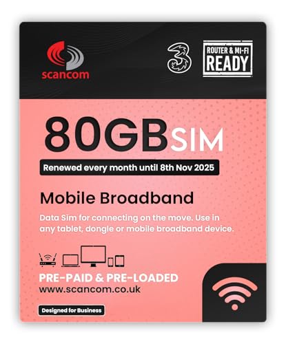 Three 80GB Data SIM – Uncapped 5G Speeds – Preloaded EVERY MONTH Until 8th NOVEMBER 2025 – No Contract – Plug & Play for Business Broadband, Routers & Phones