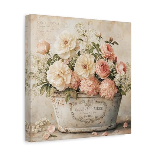 Cadre floral rose et crème en toile carrée avec châssis épais de 3 cm