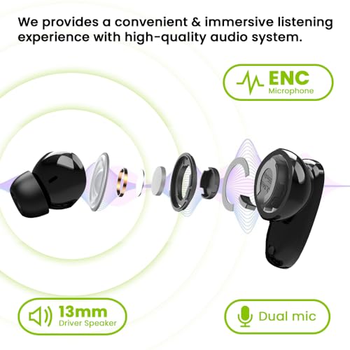 Image of EVM EnBuds Pro TWS - 44 Hours Playtime - True Wireless Earbuds with ENC & Quad Mics - Type C Charging Port - 13mm Speakers, 500 mAh Battery & BT 5.3-1 Year Warranty (EVM-TWS-05-P) (Black)