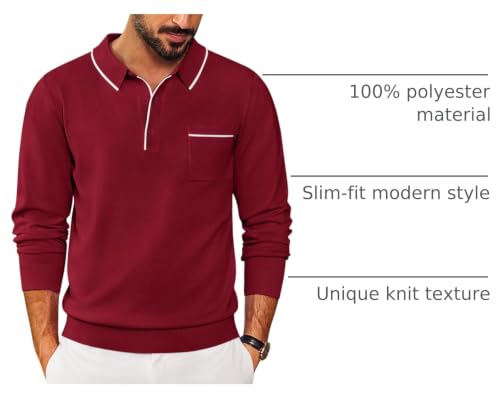 COOFANDY Camiseta Polo de Punto para Hombre de Manga Larga con Cuello, Suéter Casual Empresarial, Estilo Clásico con Bajo y Puños Acordonados, Ideal para Golf y Viajes miniatura 4