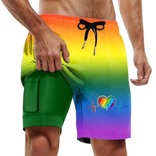 Bluelucon Pantalones cortos de ocio con arco iris para hombre, informales, pantalones cortos de trabajo, cómodos, pantalones de ocio, básicos, de manga corta, Harajuku de lino, pantalones holgados