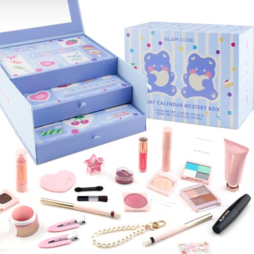 Glam Code 24 Day Makeup Advent Calendar 2025, Beauty Makeup Gift Set for Teen Girls & Adlut Women, Christmas Countdown Calendar Holiday Surprise Full Cosmetic Kit (Blue)