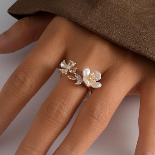 Kokoma Petal Wheat Leaf Ring for Women Cubic Zirconia Floral Ring Dainty Gold Plated Band Adjustable Rings Eternity Engagement Band Chic Jewelry2