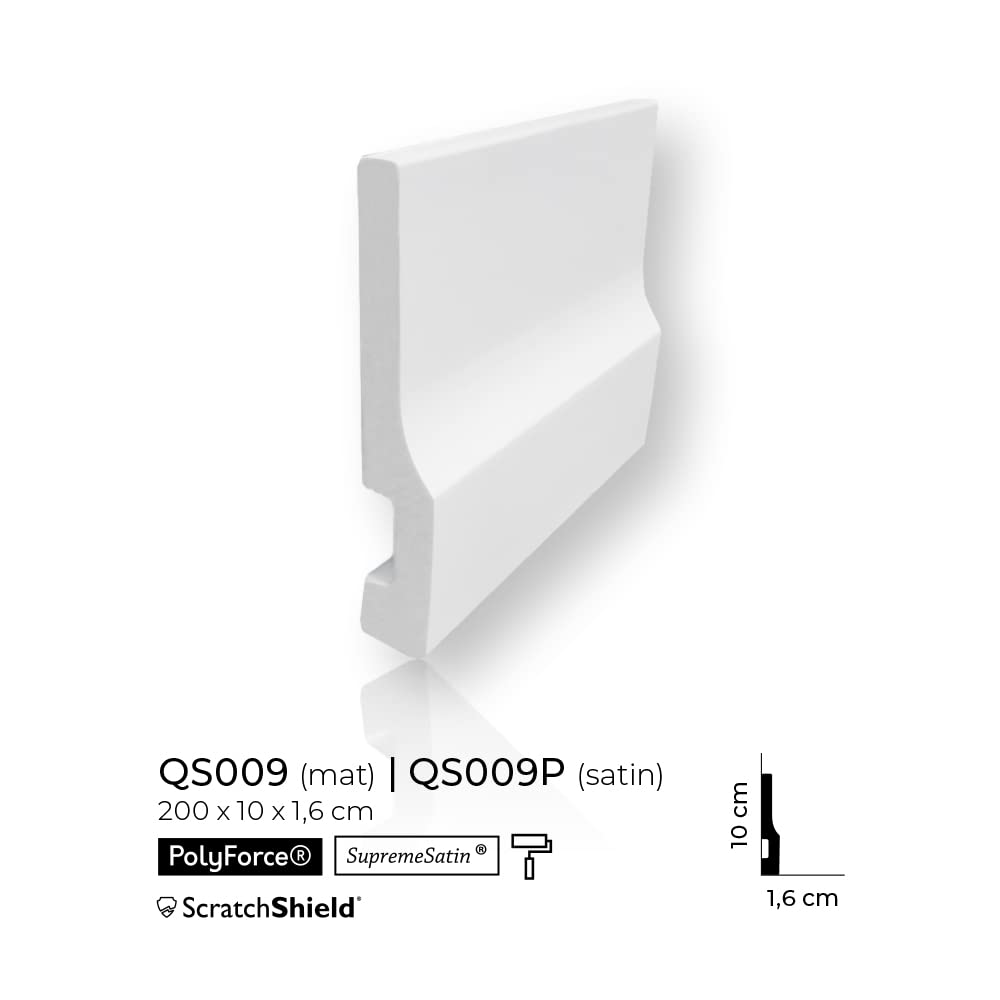 Mardom Decor | QS009P | Plinthe Premium | Plinthe exceptionnelle avec espace pour les câbles | Plinthe avec surface blanche satinée | 200 x 10,0 x 1,6 cm