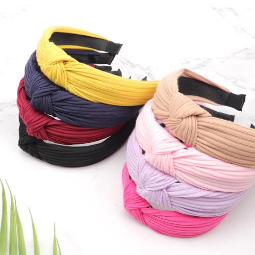 Image of DRESHOW 8 Pack Knotted Headbands for Women Wide Turban Headband Yoga Exercise Ribbing Hair Hoop Hair Bands Accessories