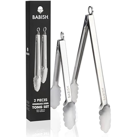 Babish 12” & 9” Locking Kitchen Tong Set, Stainless Steel Cover