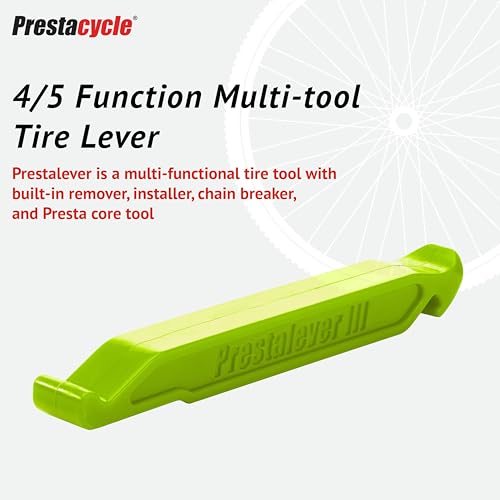 Image of Prestalever GO - 5-in-1 Multi-tool Tire Lever for Bikes, ManGO Green - Tire Remover, Installer, Presta Valve Core Tool, Quick-Link Chain Breaker & Tubeless Tire Plugger Adapter