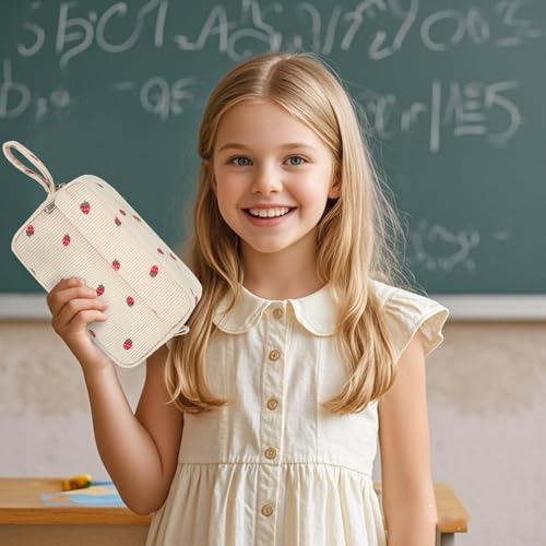 Image of Bluboon Big Capacity Pencil Case Pencil Pouch Pen Case School Supplies Cute Pencil Box Pencil Bag for Teen Girls Boys Women Man (Strawberry Beige)