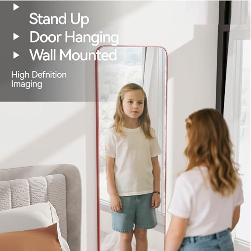 57x20 Door Hanging Full Length Mirror, Floor Stand (Height 5.7ft just Body in1.3ft) Wall Mounted Metal Frame Rectangle Dressing Mirrors for Bedroom Room 57 inch Pink Rose Gold - Image 6
