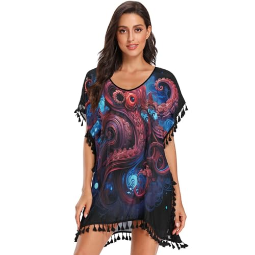 Octopus Dark Blue Art Women's Beach Cover Up Chiffon Tassel Swimwear Swimsuit Coverups for Girl