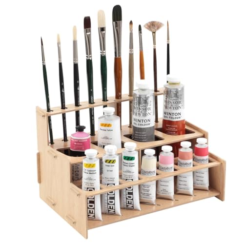 Image of HG Art Concepts Mezzo Artist Paint and Brush Racks - Wood Grain Laminate Multi Layer Desk Stand Professional Storage Display Organizer for Paintbrushes and Tubes - Straight Rack 1, 3 Pack