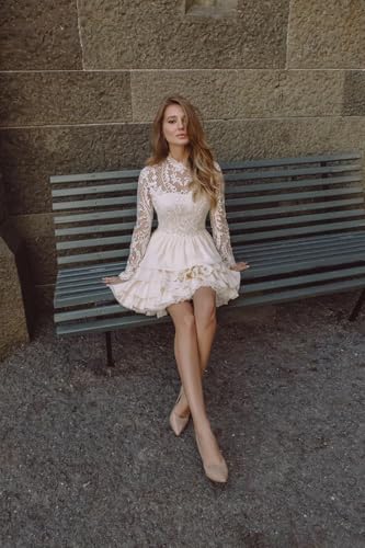 Short Wedding Dresses for Bride 2025 Beach Lace Long Sleeve Bridal Dress Corset Wedding Gowns with Sleeve 0893