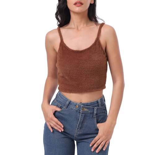 Image of Amazhiyu Women's Fuzzy Cropped Tank Top Sweater-Knit Scoop Neck Crop Cami